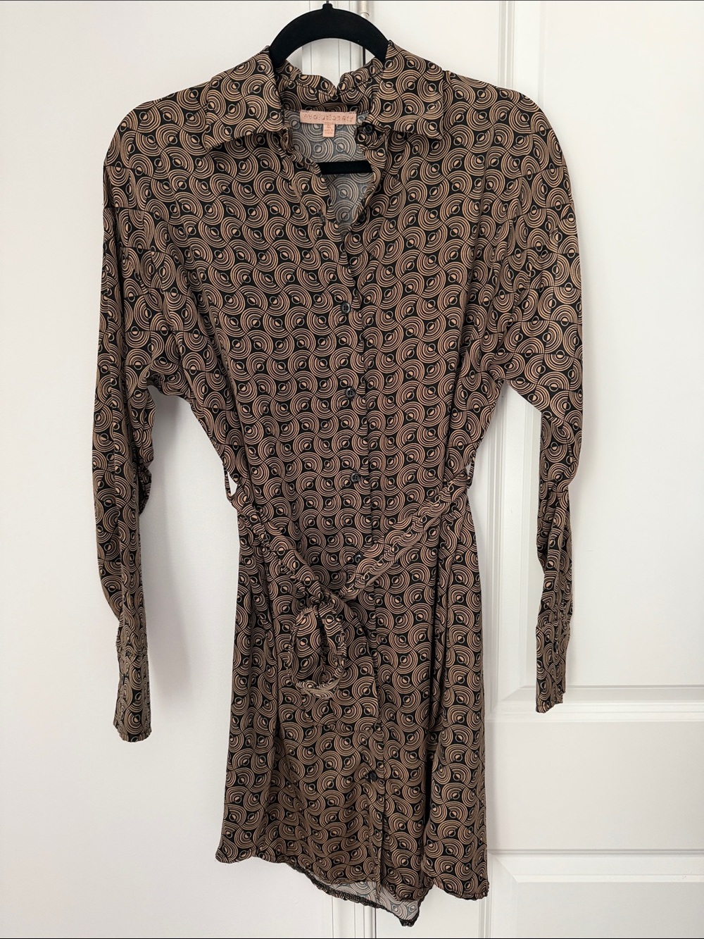 Patterned Brown Long-Sleeve Shirt Dress with Tie Waist